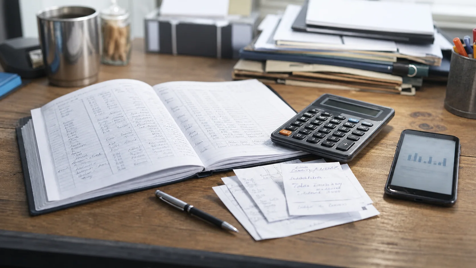A ledger and calculator on a working office desk