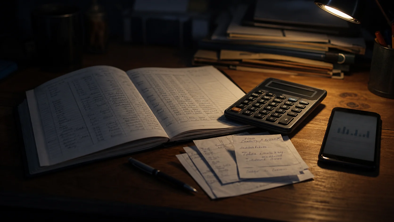 A ledger and calculator on a working office desk
