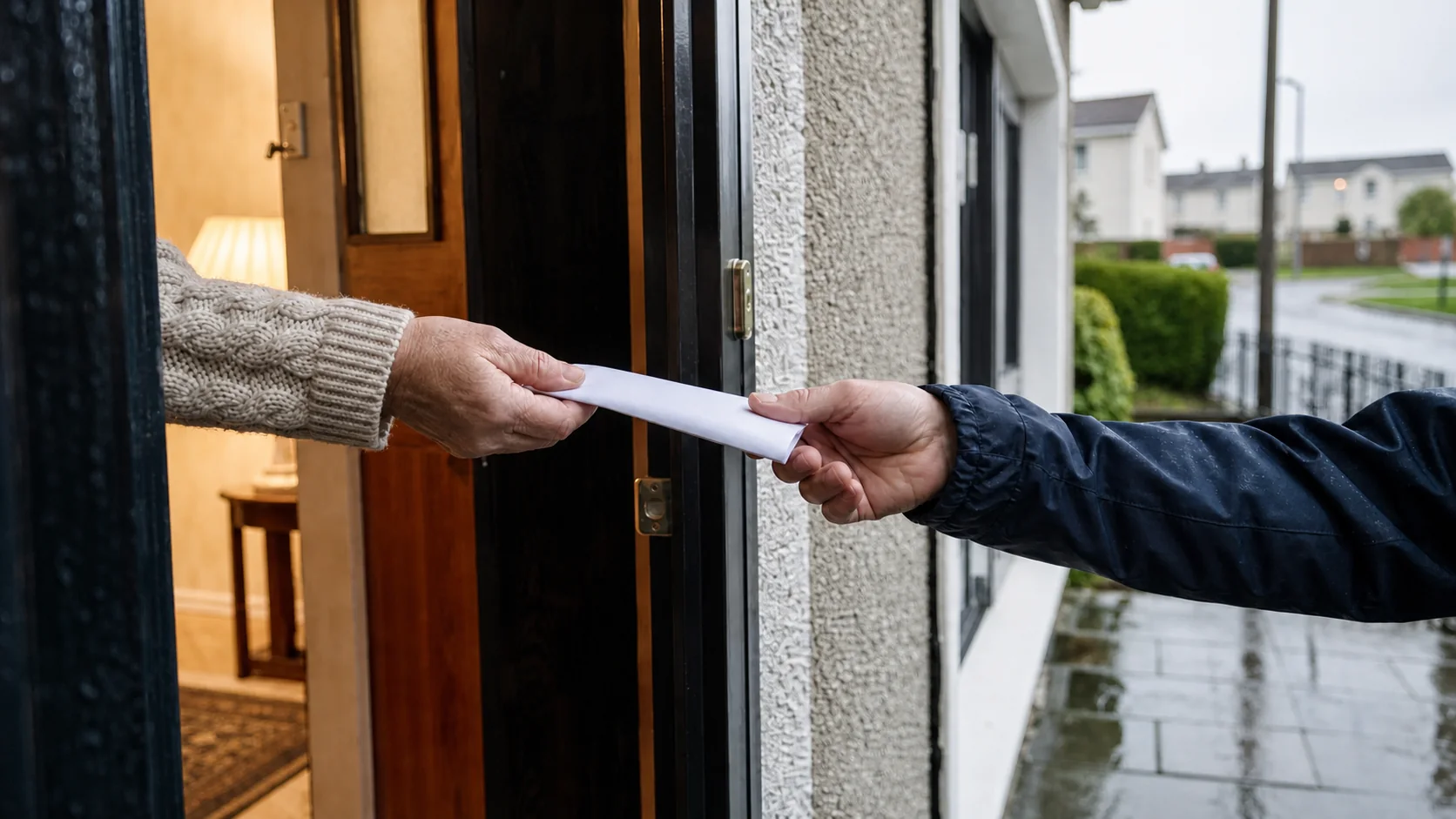 A field-service handover at a customer's door