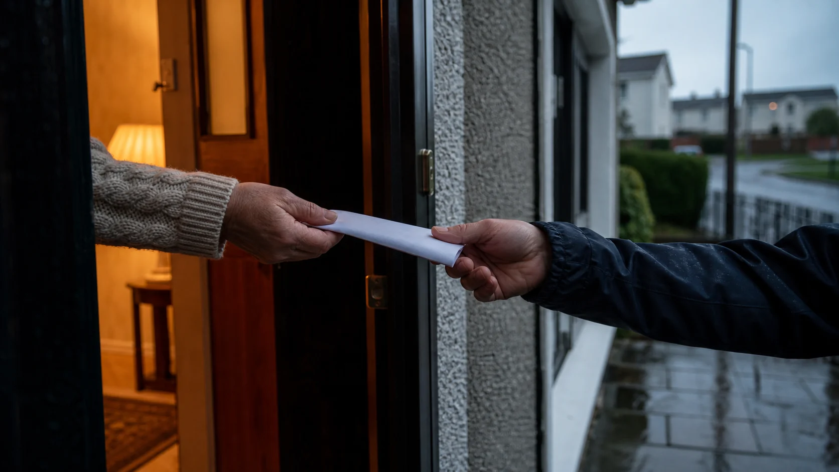 A homeowner handing a document to a trades worker