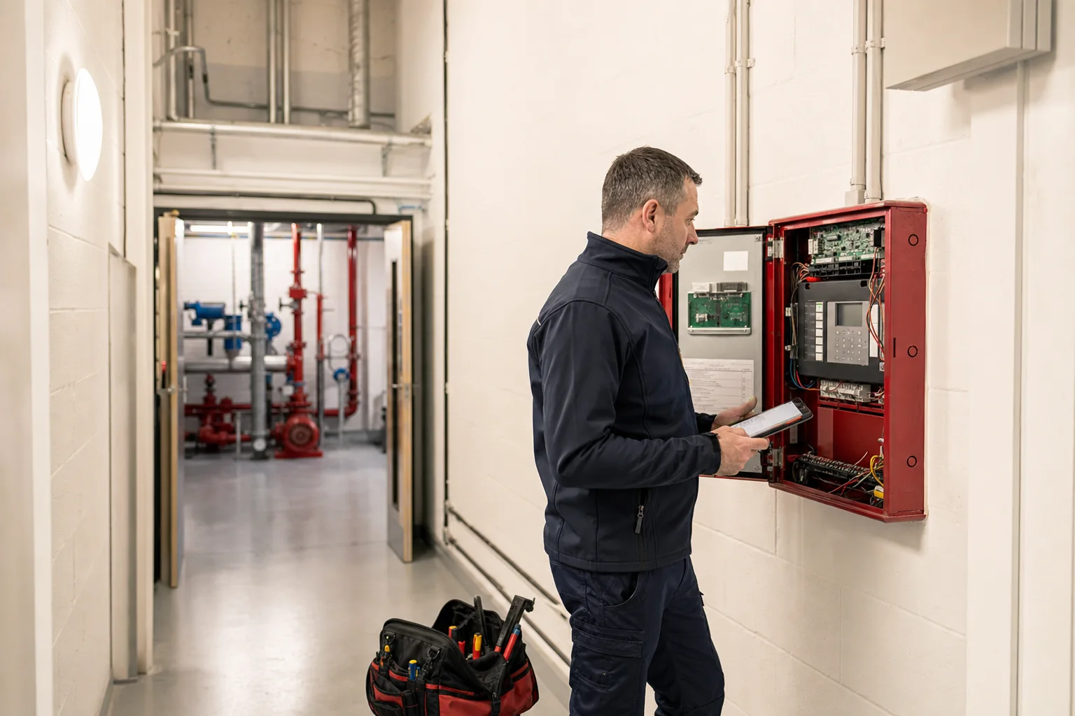 An engineer inspecting a fire alarm panel