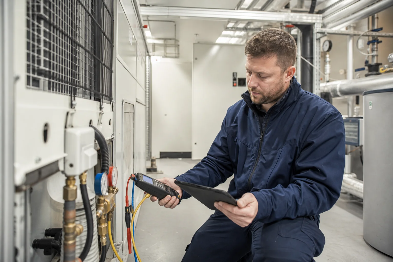 An HVAC engineer taking a reading