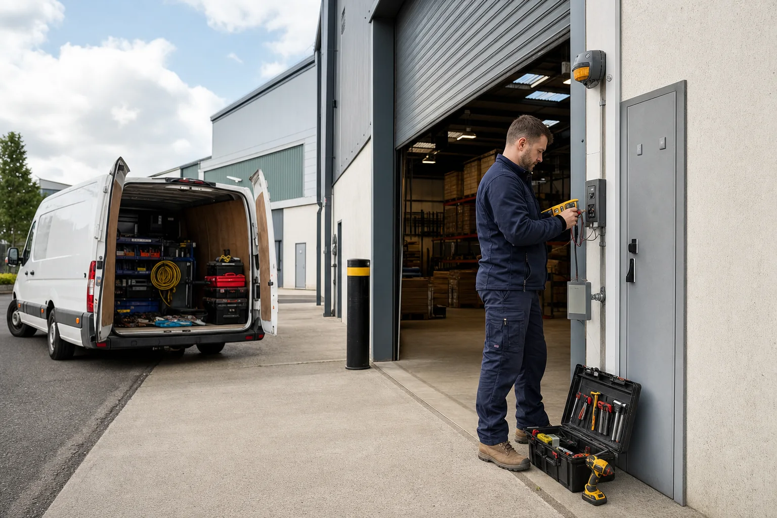 A field-service engineer working at a commercial warehouse