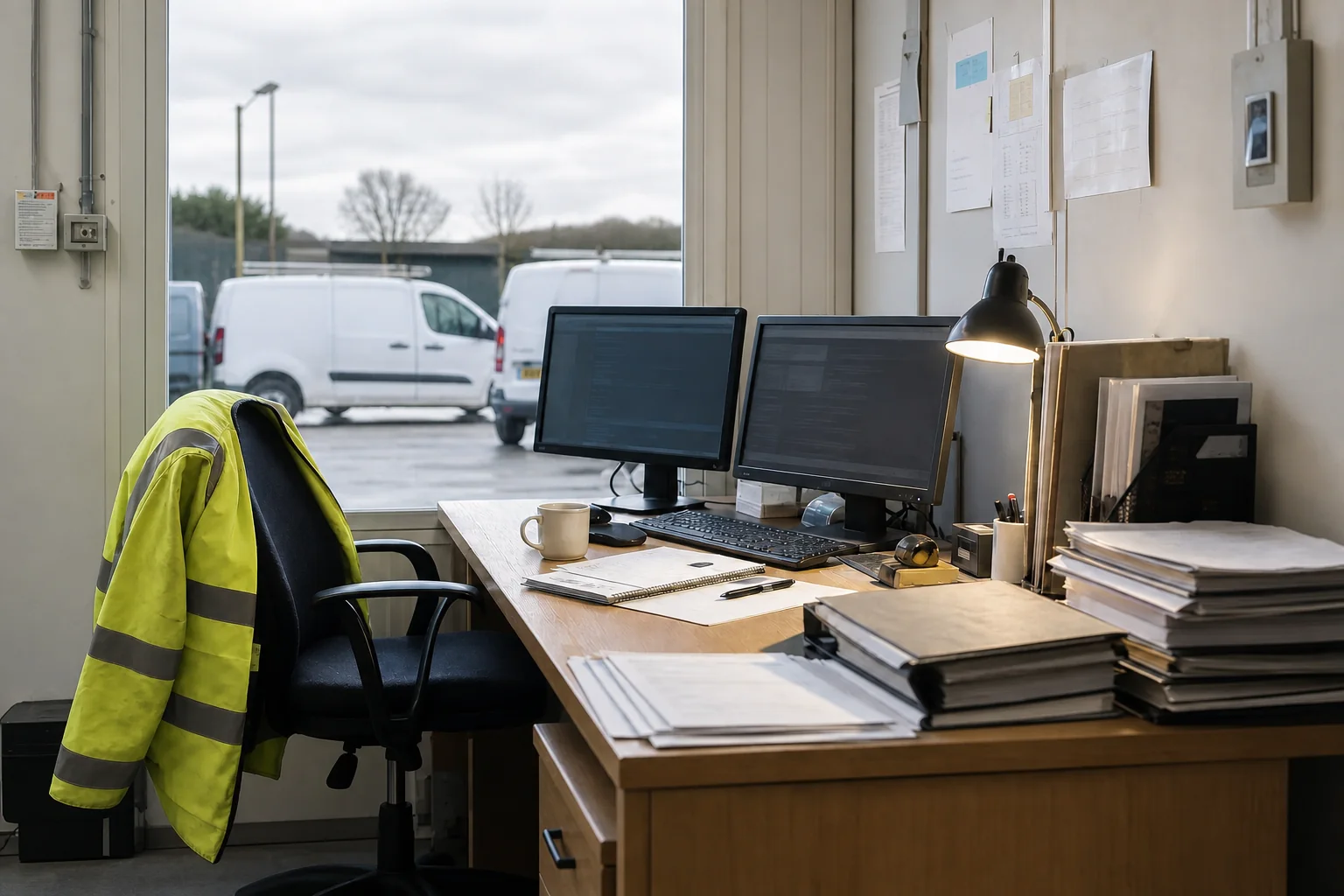 A working trades office with vans outside