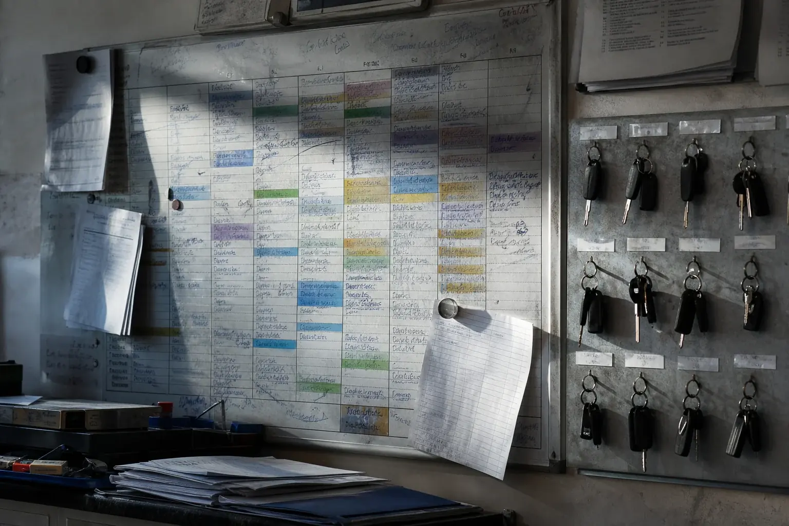 A busy scheduling wall and van key board in a trades office