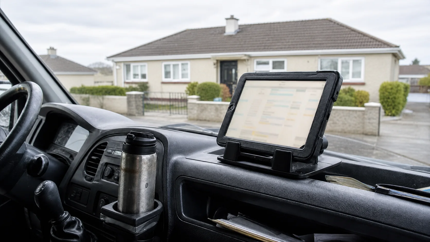 A live work schedule open inside a service van