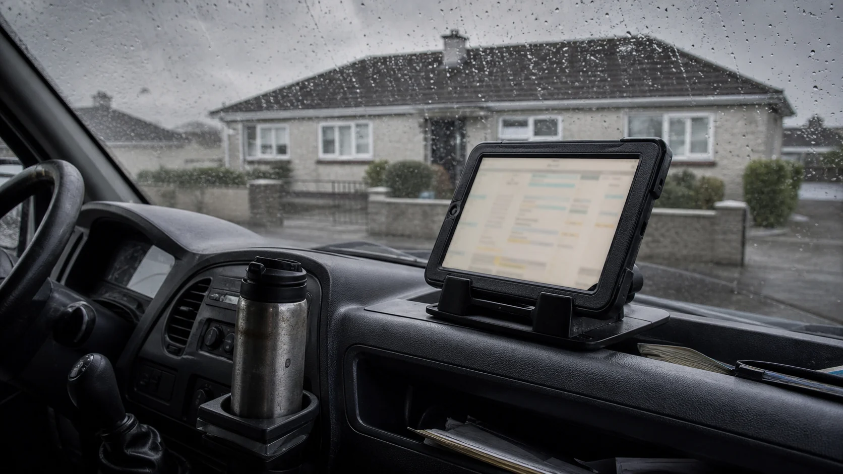 A work schedule open on a tablet inside a van